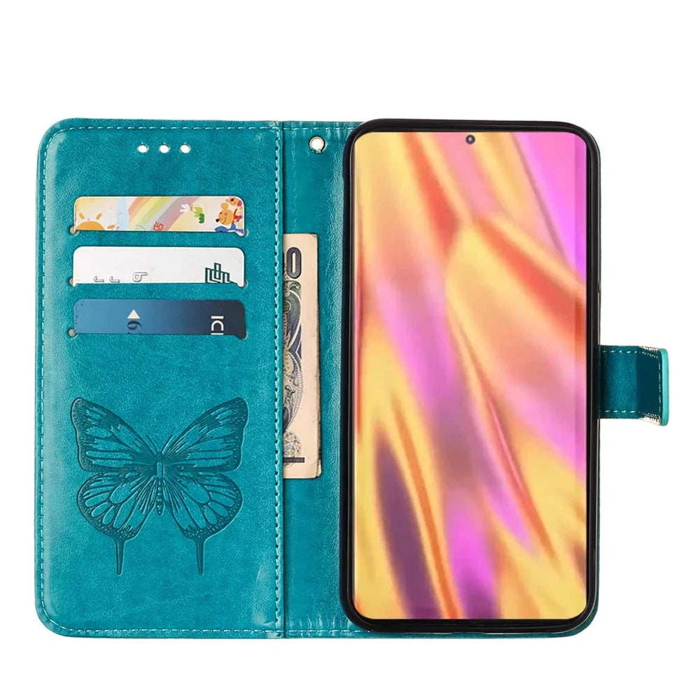 For Samsung Galaxy S23 Ultra Wallet Case with Wrist Strap Butterfly Imprint Leather Phone Cover - Blue - 2