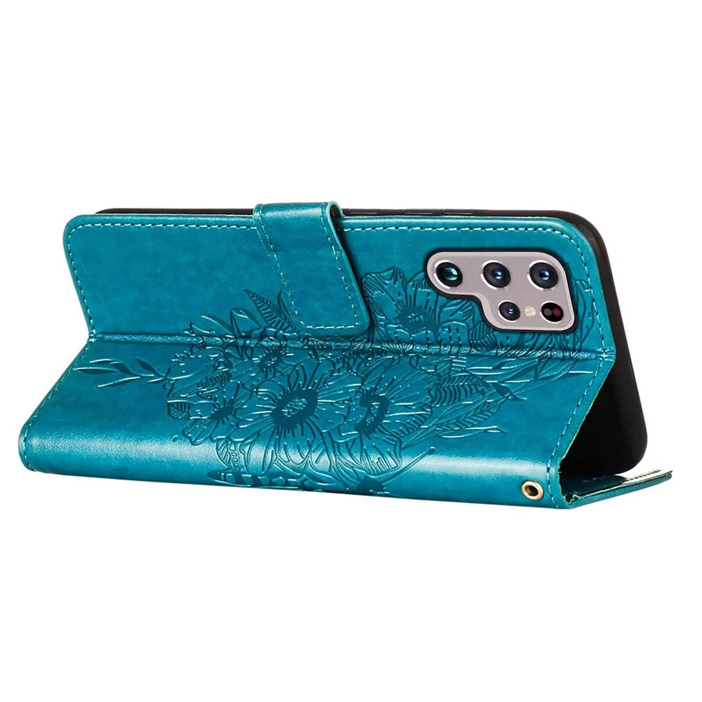 For Samsung Galaxy S23 Ultra Wallet Case with Wrist Strap Butterfly Imprint Leather Phone Cover - Blue - 4