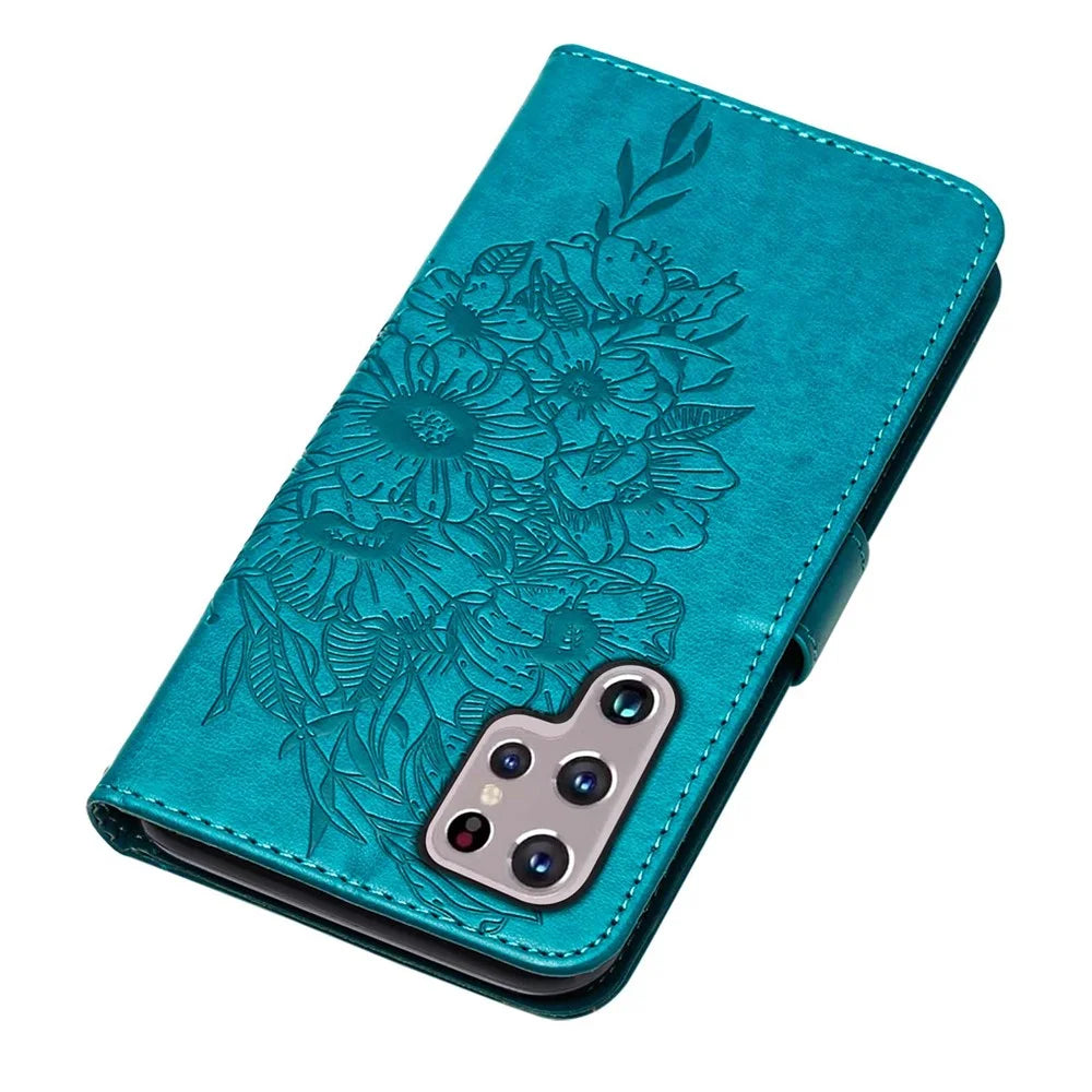 For Samsung Galaxy S23 Ultra Wallet Case with Wrist Strap Butterfly Imprint Leather Phone Cover - Blue - 5