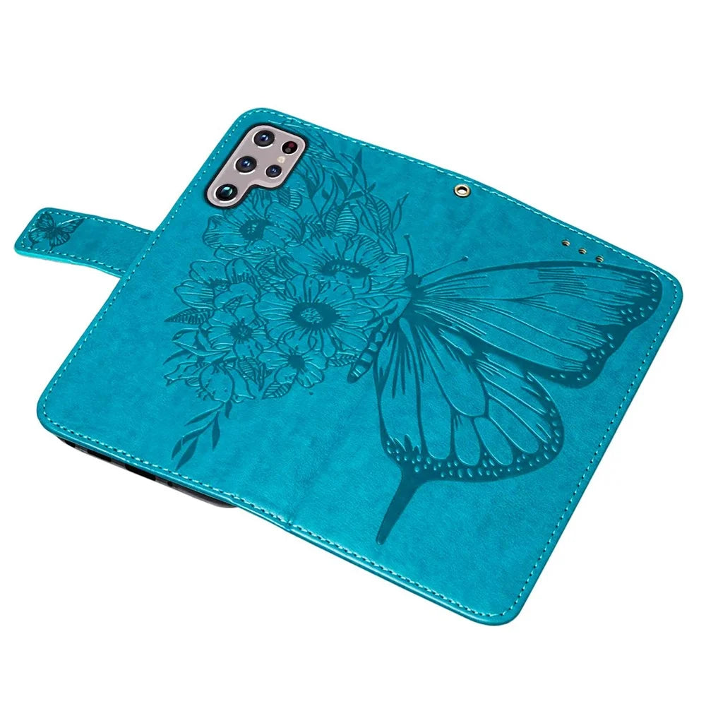 For Samsung Galaxy S23 Ultra Wallet Case with Wrist Strap Butterfly Imprint Leather Phone Cover - Blue - 6