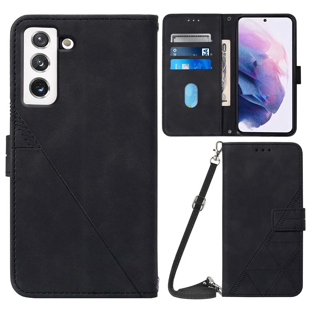 For Samsung Galaxy S23 Leather Case with Shoulder Strap Wallet Stand Phone Cover - Black - 1