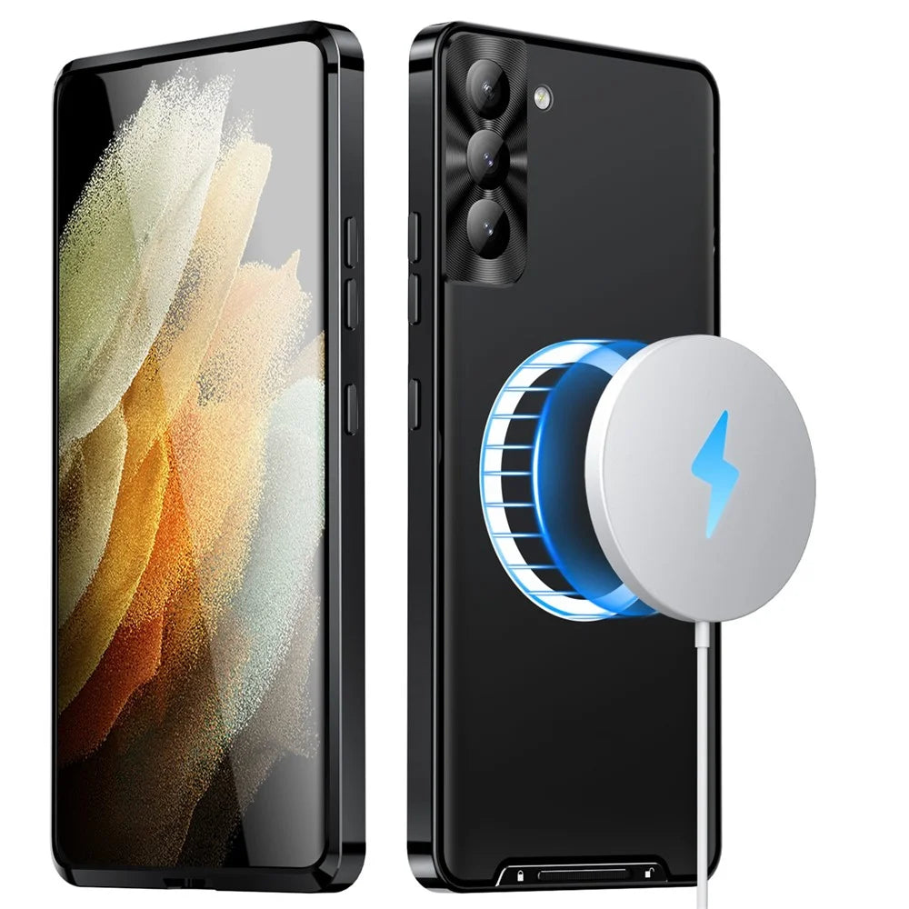 For Samsung Galaxy S21 FE 5G Magnetic Adsorption Matte Phone Cover TPU Back + Metal Edge Integrated Lens Protection Bump Proof Case - Black - 2