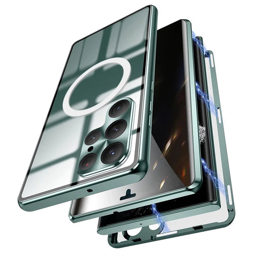 For Samsung Galaxy S22 Ultra 5G Phone Case Matte PC+Metal+ Tempered Glass Magnetic Cover  - Green - 1