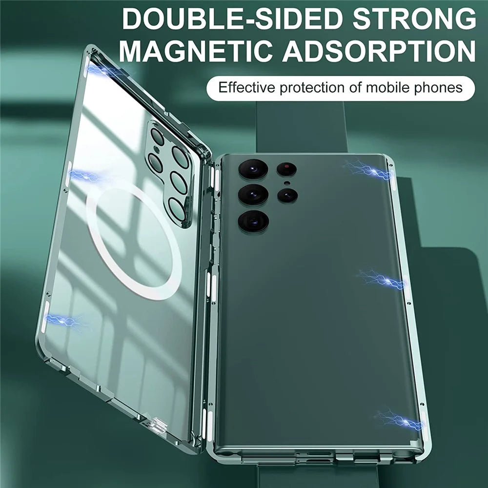 For Samsung Galaxy S22 Ultra 5G Phone Case Matte PC+Metal+ Tempered Glass Magnetic Cover  - Green - 2