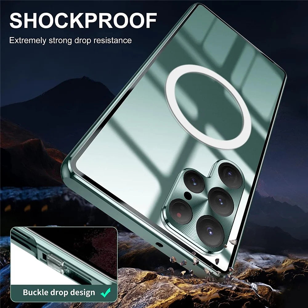 For Samsung Galaxy S22 Ultra 5G Phone Case Matte PC+Metal+ Tempered Glass Magnetic Cover  - Green - 3