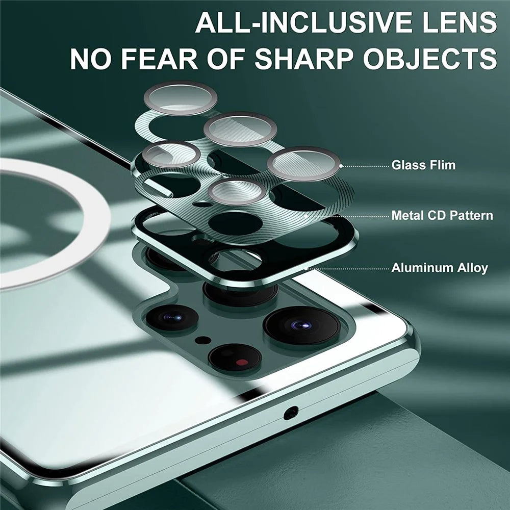 For Samsung Galaxy S22 Ultra 5G Phone Case Matte PC+Metal+ Tempered Glass Magnetic Cover  - Green - 4