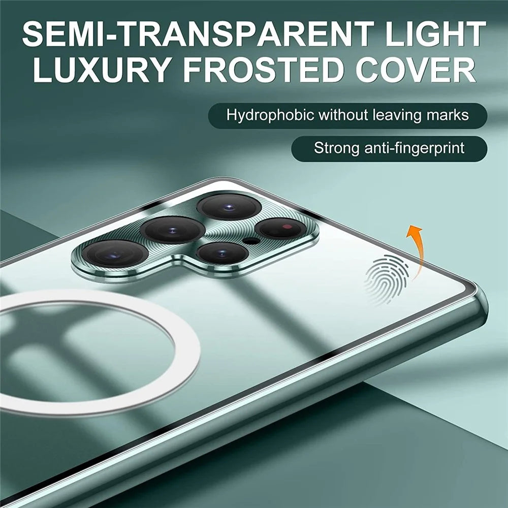 For Samsung Galaxy S22 Ultra 5G Phone Case Matte PC+Metal+ Tempered Glass Magnetic Cover  - Green - 5