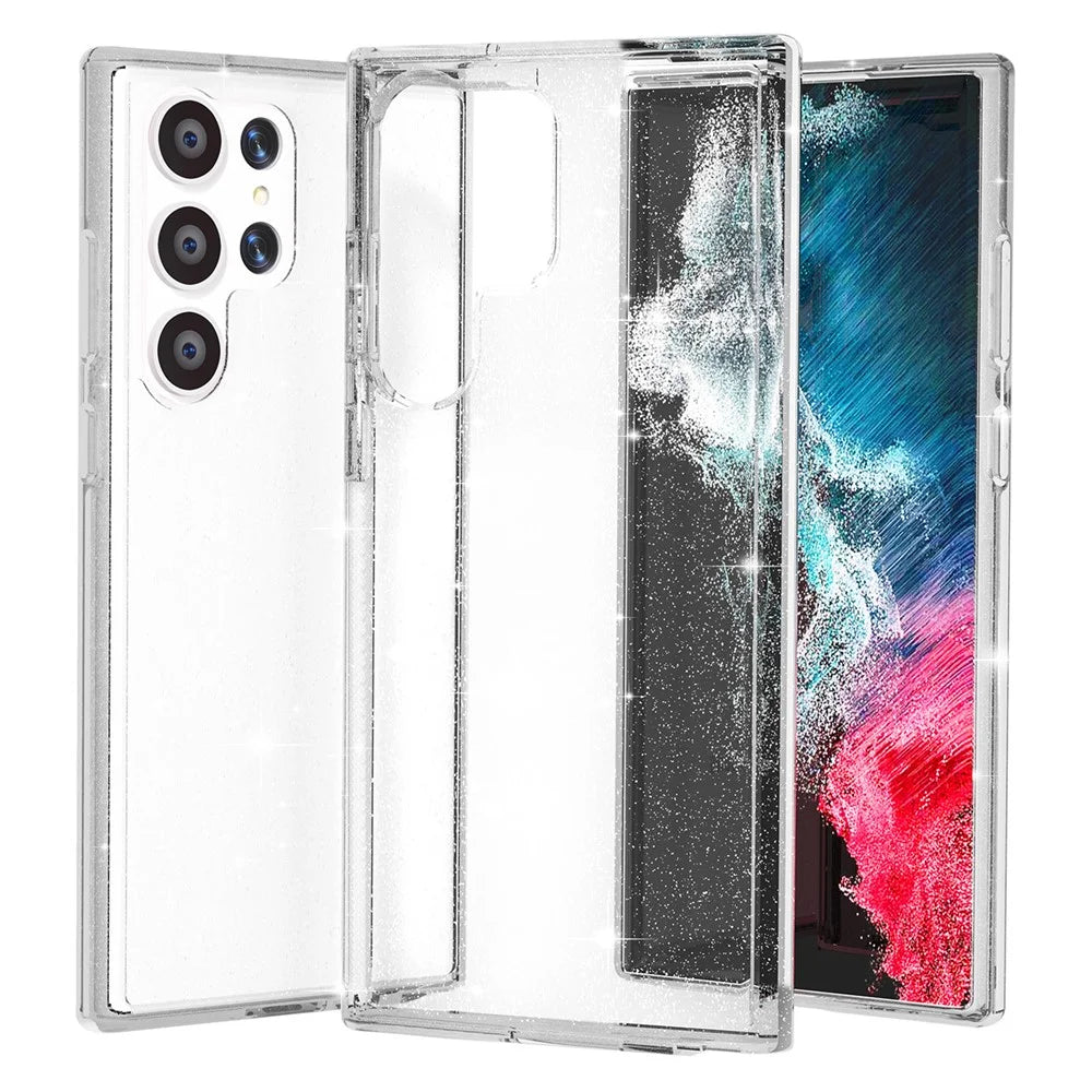 Glittery Powder Smart Phone Case for Samsung Galaxy S23 Ultra, Shockproof TPU Edge + PC Back Cover Support Wireless Charging - White - 1
