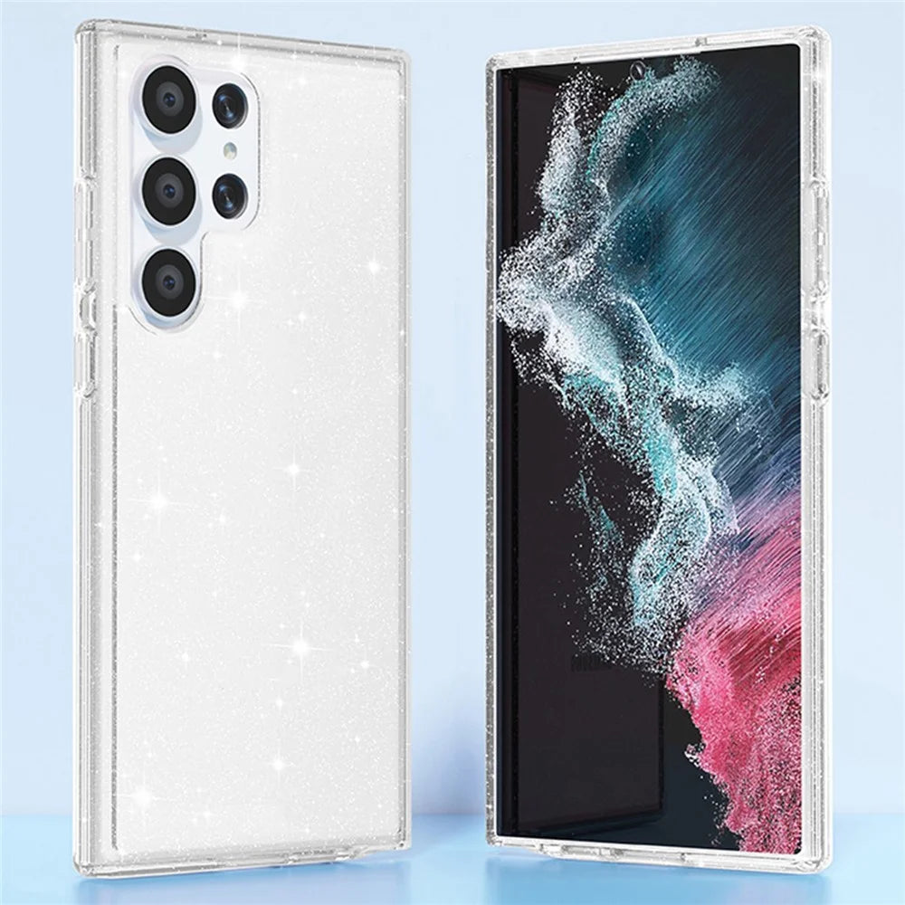 Glittery Powder Smart Phone Case for Samsung Galaxy S23 Ultra, Shockproof TPU Edge + PC Back Cover Support Wireless Charging - White - 5