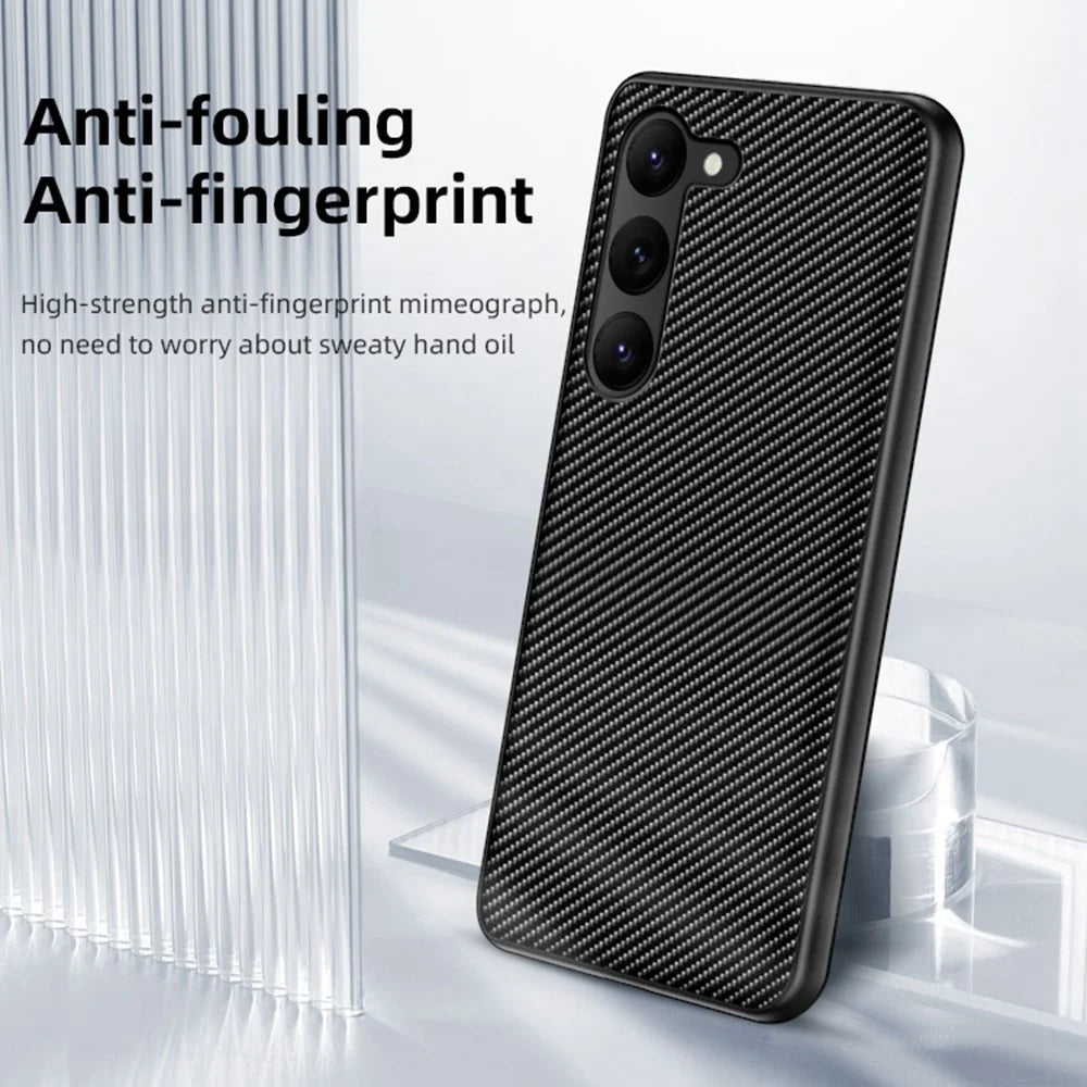 Carbon Fiber Texture Phone Case For Samsung Galaxy S23+, PU Leather Coated PC Ultra Slim Shockproof Cell Phone Cover - Carbon Fiber  /  Black - 5