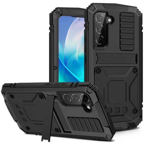For Samsung Galaxy S23 Anti-scratch Phone Case TPU + Metal Protective Phone Back Cover Kickstand with Tempered Glass Screen Protector - Black - 1