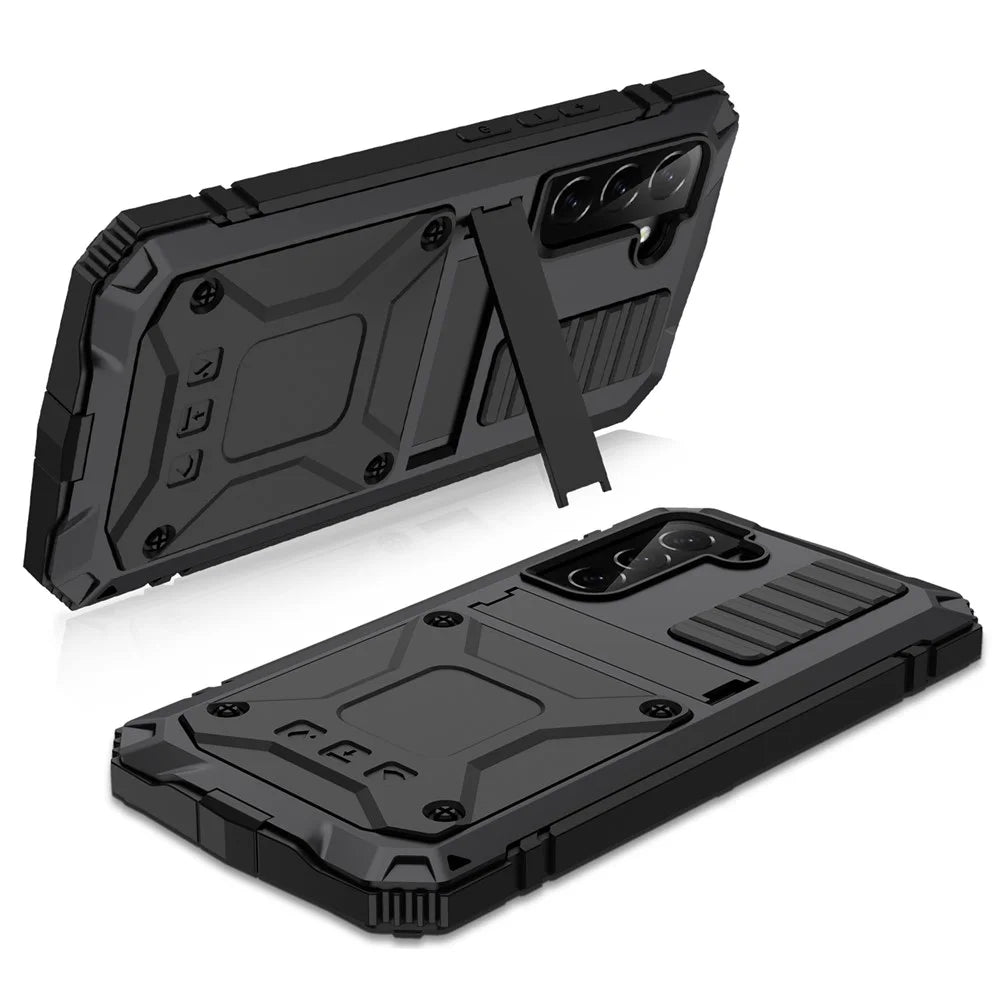For Samsung Galaxy S23 Anti-scratch Phone Case TPU + Metal Protective Phone Back Cover Kickstand with Tempered Glass Screen Protector - Black - 2