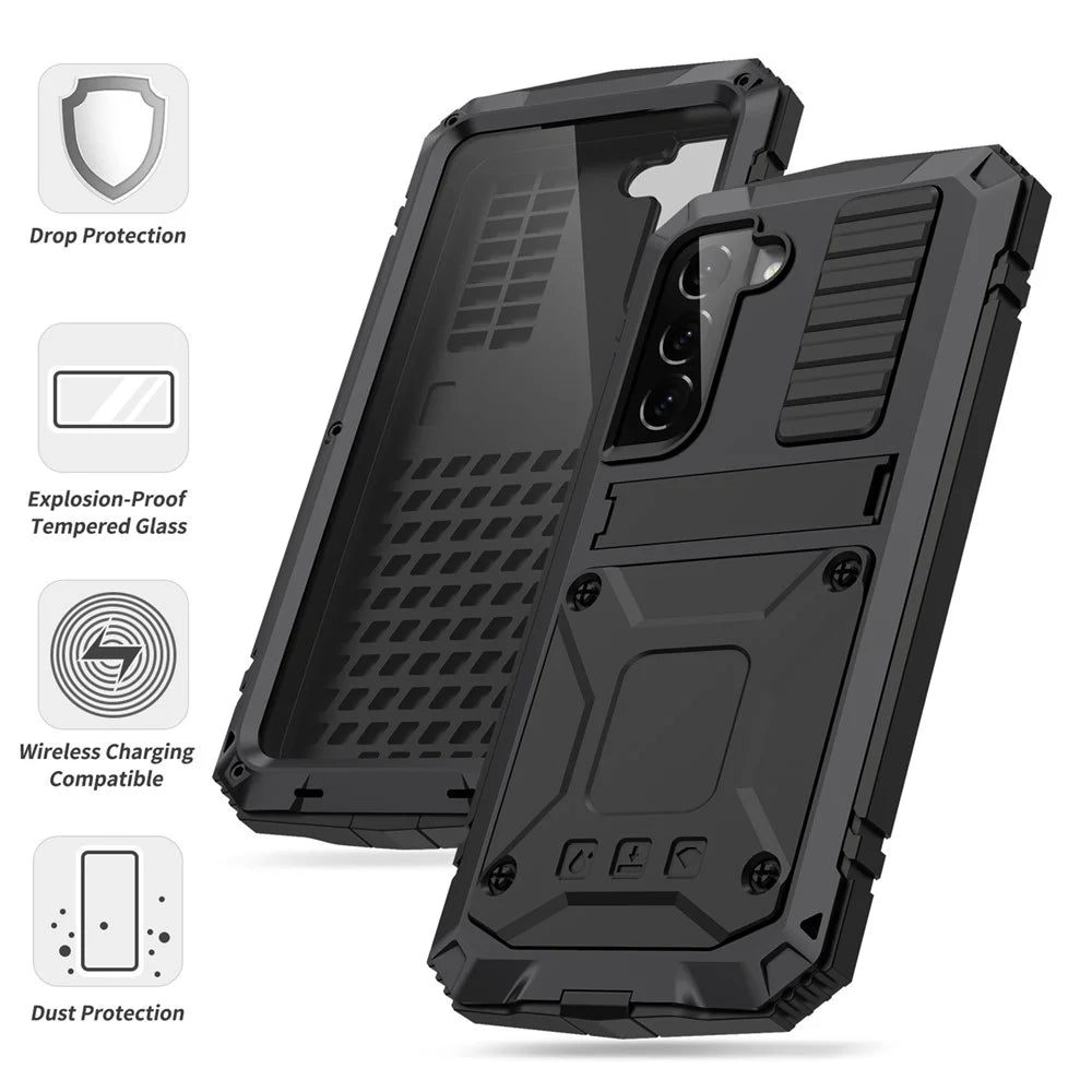 For Samsung Galaxy S23 Anti-scratch Phone Case TPU + Metal Protective Phone Back Cover Kickstand with Tempered Glass Screen Protector - Black - 6