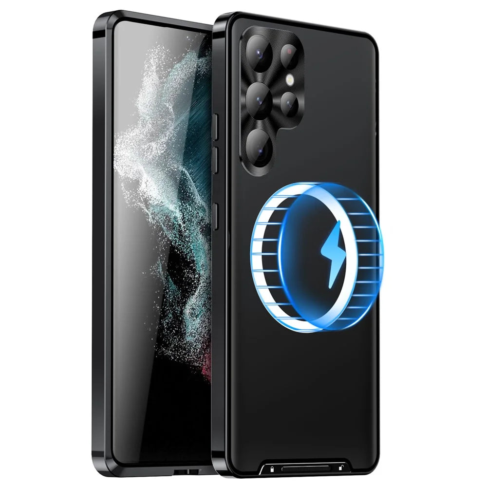 For Samsung Galaxy S23 Ultra Anti-scratch Matte Phone Cover TPU Back + Electroplating Metal Edge Integrated Lens Protection Phone Case - Black - 1