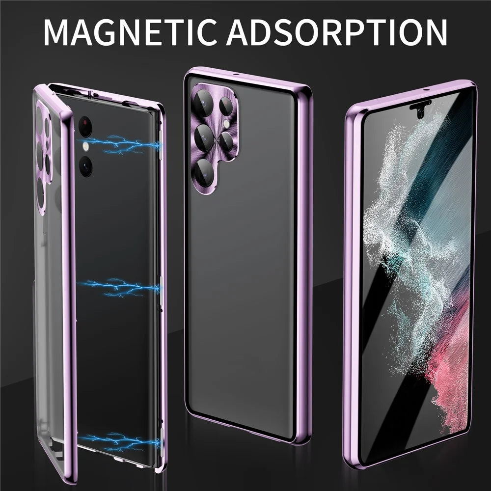 For Samsung Galaxy S23 Ultra Case Magnetic Adsorption Phone Cover with Anti-Peep Dual Sided Tempered Glass - Light Purple - 2
