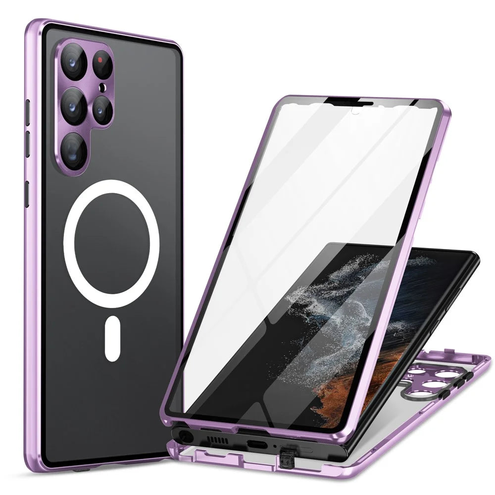 Magnetic Case for Samsung Galaxy S23 Ultra Matte PC Metal Tempered Glass Phone Case with Lens Cover / Lock - Purple - 1