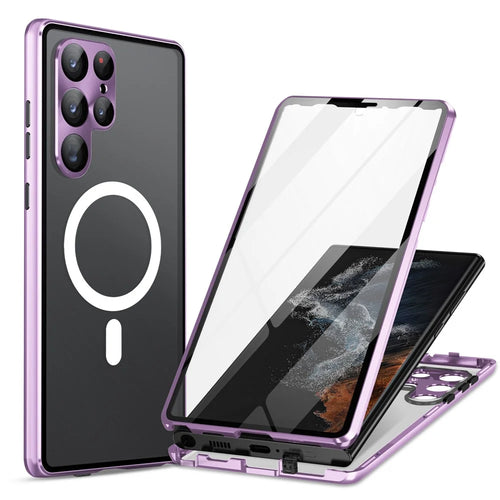 Magnetic Case for Samsung Galaxy S23 Ultra Matte PC Metal Tempered Glass Phone Case with Lens Cover / Lock - Purple - 1
