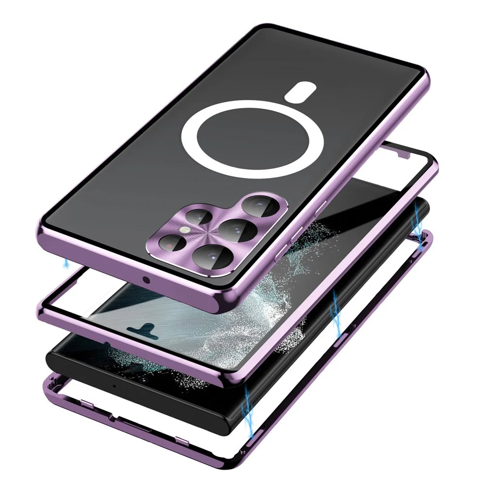 Magnetic Case for Samsung Galaxy S23 Ultra Matte PC Metal Tempered Glass Phone Case with Lens Cover / Lock - Purple - 2