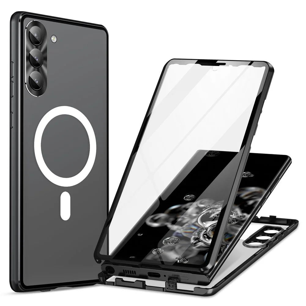 Phone Case for Samsung Galaxy S23+ Metal Tempered Glass Matte PC Case with Lens Guard / Lock - Black - 1