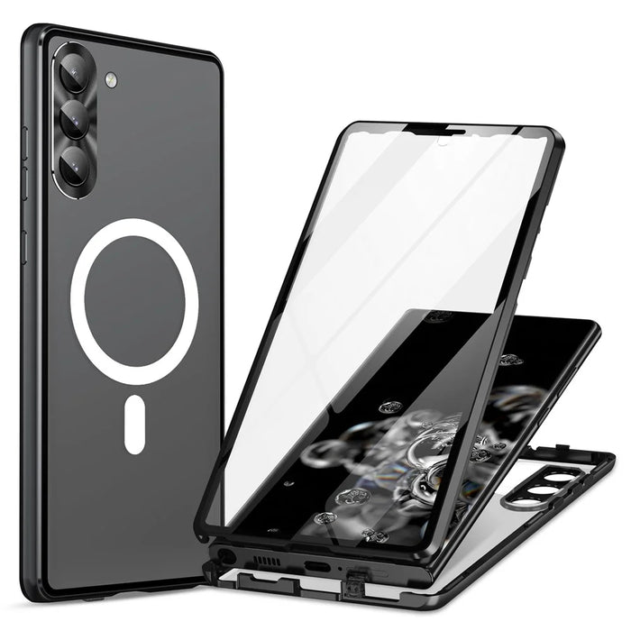 Phone Case for Samsung Galaxy S23+ Metal Tempered Glass Matte PC Case with Lens Guard / Lock - Black - 1
