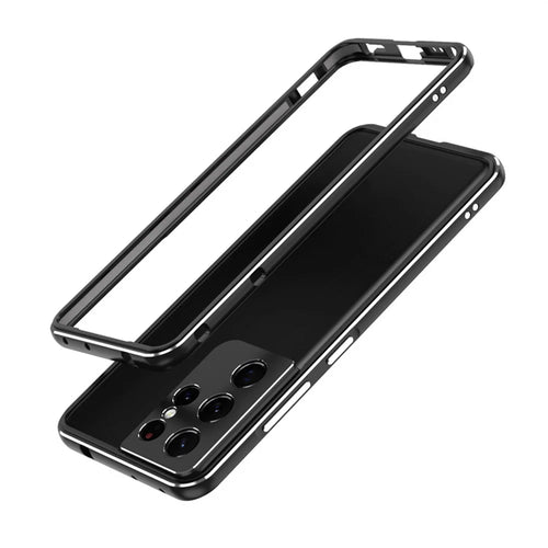 For Samsung Galaxy S23 Ultra Metal Frame Phone Bumper Case with Camera Lens Cover - Black  /  Silver - 1
