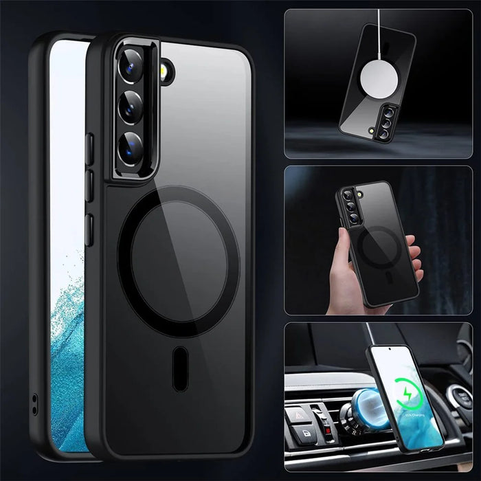 For Samsung Galaxy S23 Magnetic Phone Case Transparent Acrylic Back TPU Frame Phone Cover - Black - 4