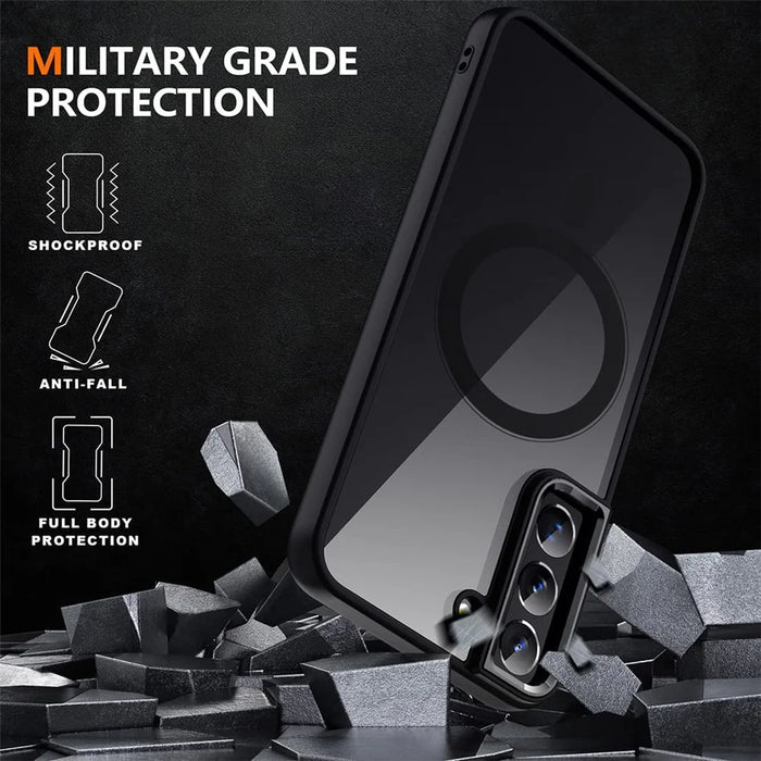 For Samsung Galaxy S23 Magnetic Phone Case Transparent Acrylic Back TPU Frame Phone Cover - Black - 5