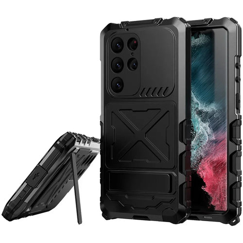For Samsung Galaxy S23 Ultra Metal TPU Phone Case Anti-Drop Shockproof Phone Cover with Kickstand - Black - 1