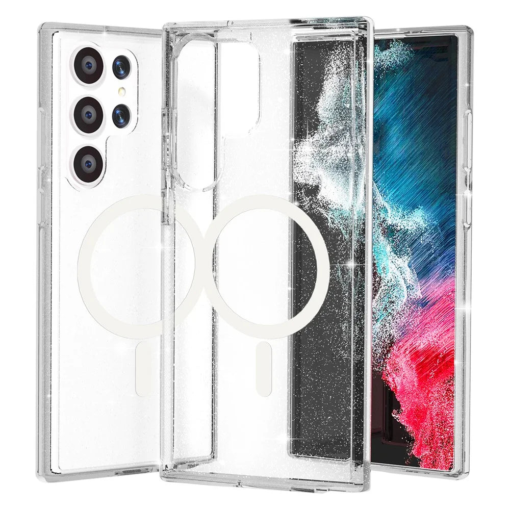 For Samsung Galaxy S23 Ultra Magnetic Clear Case Hard PC Soft TPU Glitter Phone Cover - Shiny White - 1