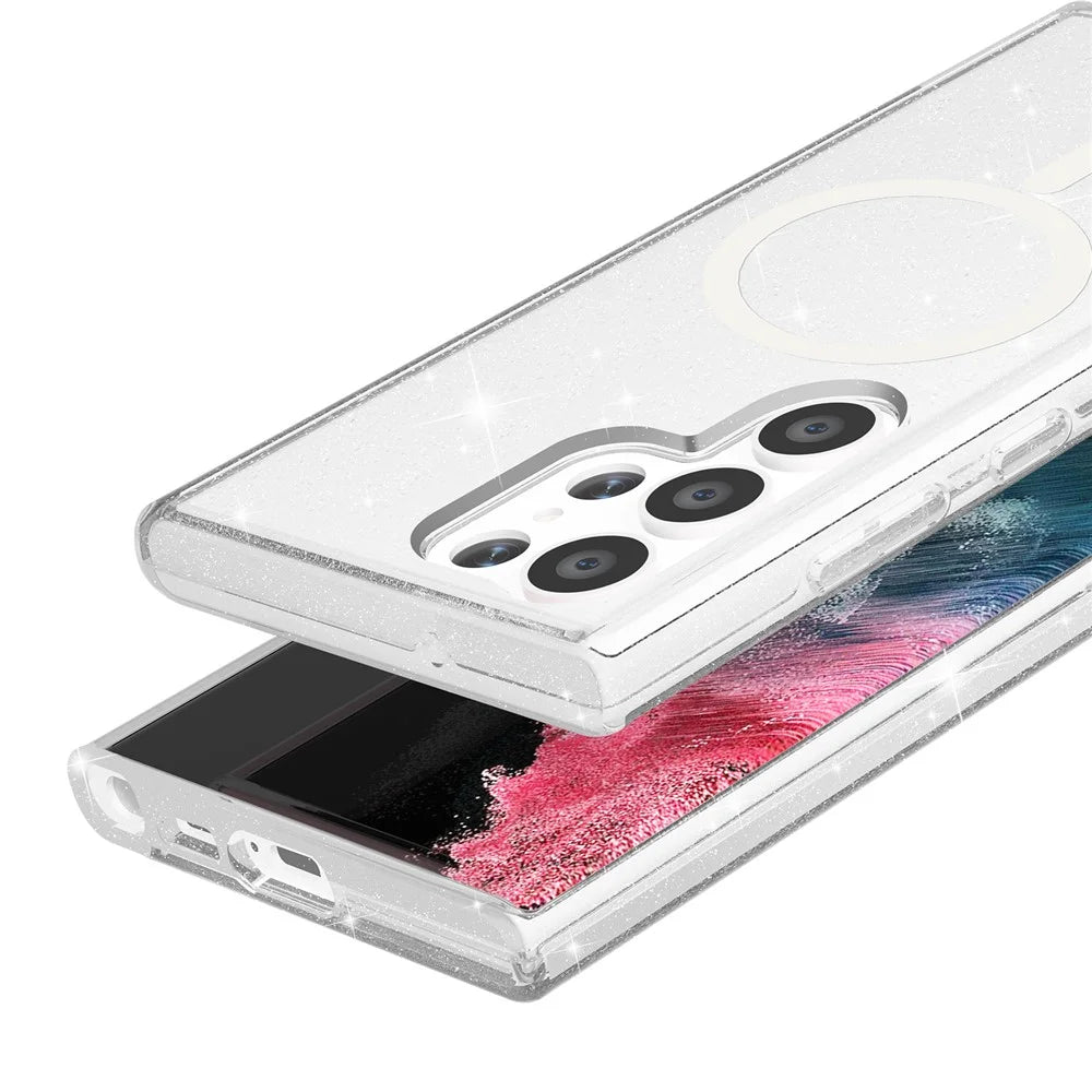 For Samsung Galaxy S23 Ultra Magnetic Clear Case Hard PC Soft TPU Glitter Phone Cover - Shiny White - 5