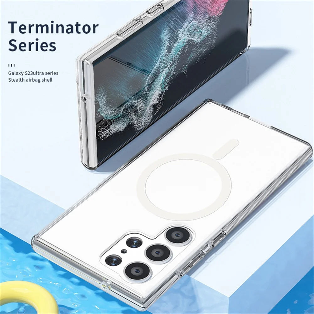 For Samsung Galaxy S23 Ultra Magnetic Clear Case Hard PC Soft TPU Glitter Phone Cover - Shiny White - 7