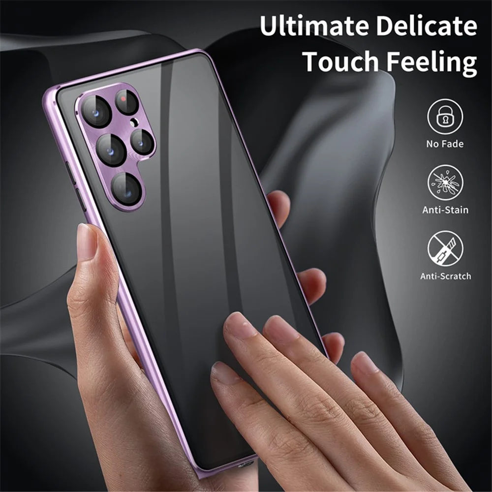 For Samsung Galaxy S22 Ultra 5G Phone Case Double-Sided Tempered Glass + Magnetic Metal Frame Cover with Lock Buckle - Light Purple - 4