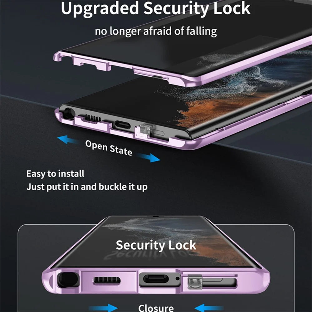 For Samsung Galaxy S22 Ultra 5G Phone Case Double-Sided Tempered Glass + Magnetic Metal Frame Cover with Lock Buckle - Light Purple - 6