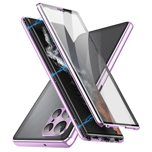 For Samsung Galaxy S21 Ultra 5G Double-Sided Tempered Glass Case Magnetic Metal Frame Phone Cover with Lock Buckle - Light Purple - 1