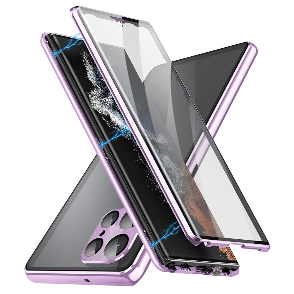 For Samsung Galaxy S21 Ultra 5G Double-Sided Tempered Glass Case Magnetic Metal Frame Phone Cover with Lock Buckle - Light Purple - 1