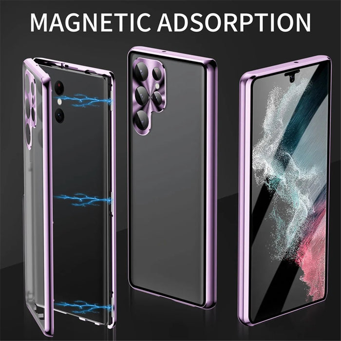 For Samsung Galaxy S21 Ultra 5G Double-Sided Tempered Glass Case Magnetic Metal Frame Phone Cover with Lock Buckle - Light Purple - 2