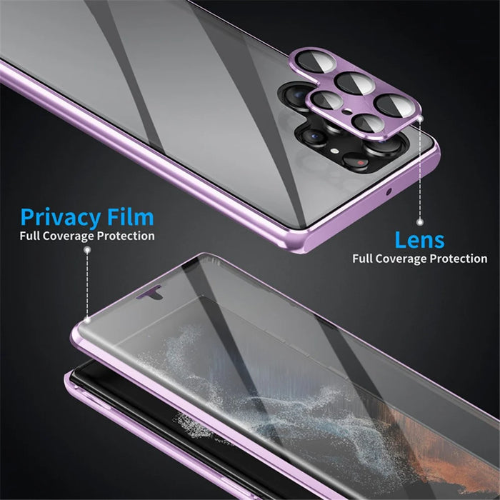 For Samsung Galaxy S21 Ultra 5G Double-Sided Tempered Glass Case Magnetic Metal Frame Phone Cover with Lock Buckle - Light Purple - 5