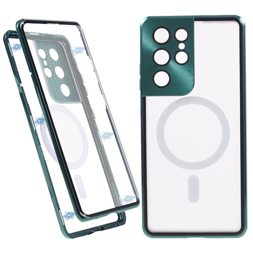 For Samsung Galaxy S21 Ultra 5G Magnetic Phone Case Metal Frame Tempered Glass+Matte PC Phone Cover - Green - 1