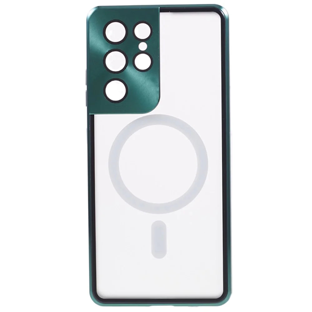 For Samsung Galaxy S21 Ultra 5G Magnetic Phone Case Metal Frame Tempered Glass+Matte PC Phone Cover - Green - 2