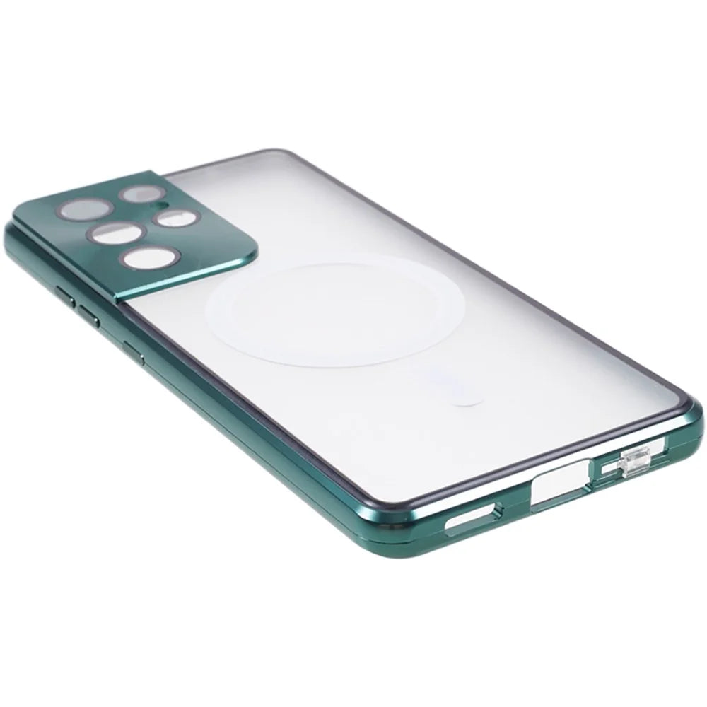 For Samsung Galaxy S21 Ultra 5G Magnetic Phone Case Metal Frame Tempered Glass+Matte PC Phone Cover - Green - 5