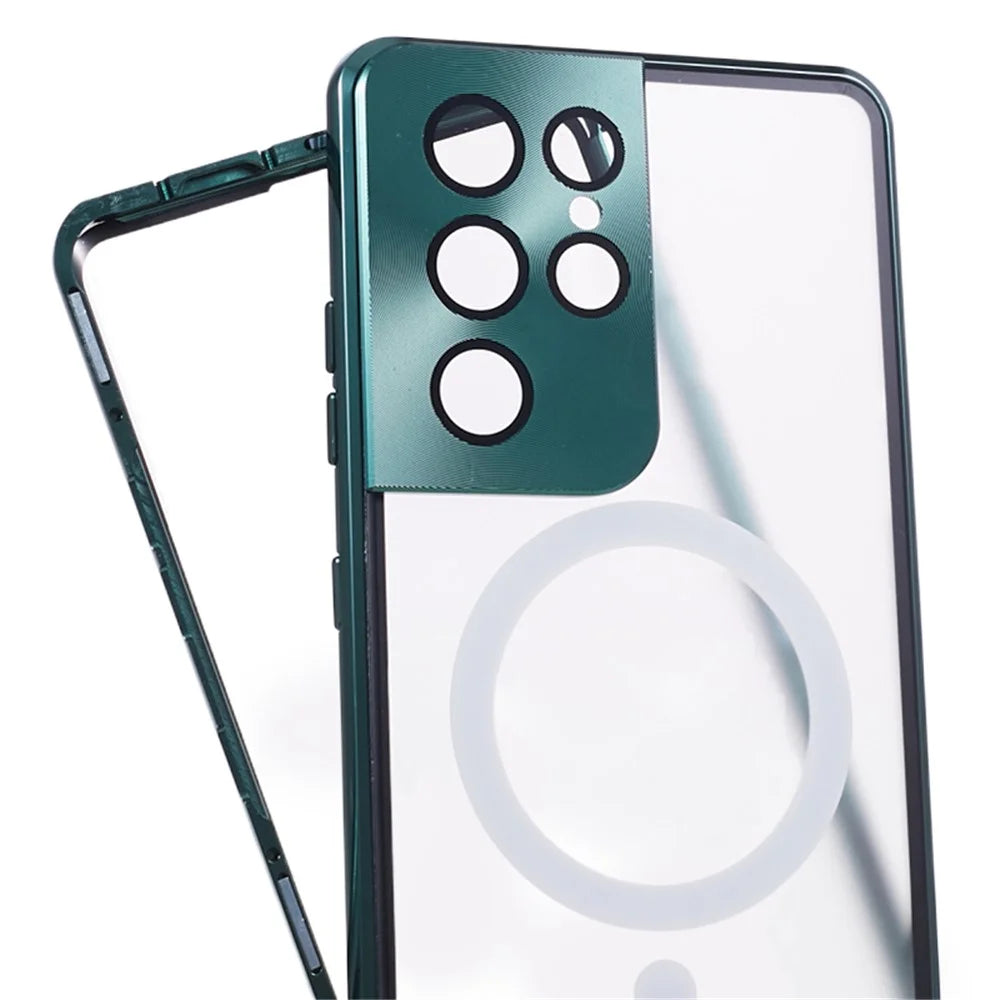 For Samsung Galaxy S21 Ultra 5G Magnetic Phone Case Metal Frame Tempered Glass+Matte PC Phone Cover - Green - 7