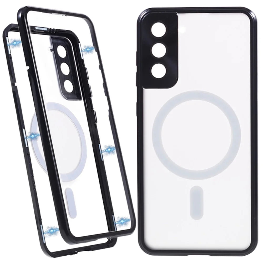 For Samsung Galaxy S22 5G Magnetic Metal Frame Phone Case Tempered Glass Back Frosted PC Double-sided Protection Cover - Black - 1