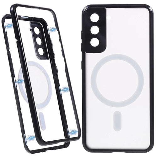 For Samsung Galaxy S22 5G Magnetic Metal Frame Phone Case Tempered Glass Back Frosted PC Double-sided Protection Cover - Black - 1