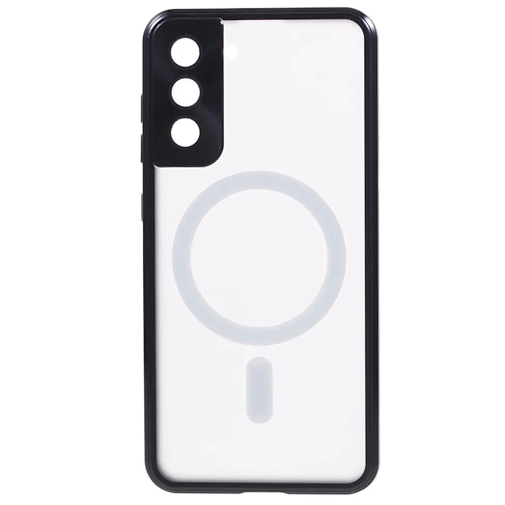 For Samsung Galaxy S22 5G Magnetic Metal Frame Phone Case Tempered Glass Back Frosted PC Double-sided Protection Cover - Black - 2
