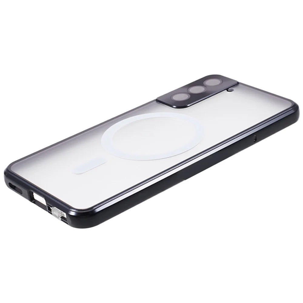For Samsung Galaxy S22+ 5G Clear Magnetic Phone Case Tempered Glass Back Frosted PC Metal Frame Protective Cover - Black - 6