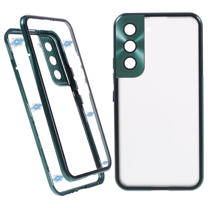 For Samsung Galaxy S22 5G Double Sided Tempered Glass Phone Case Secure Lock Magnetic Metal Frame Clear Cover - Green - 1