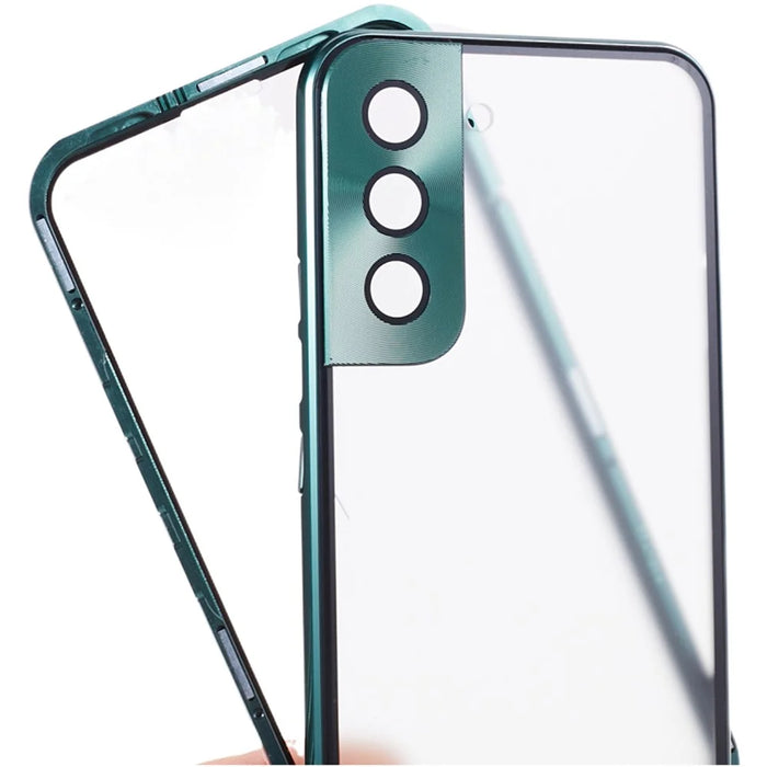 For Samsung Galaxy S22 5G Double Sided Tempered Glass Phone Case Secure Lock Magnetic Metal Frame Clear Cover - Green - 5