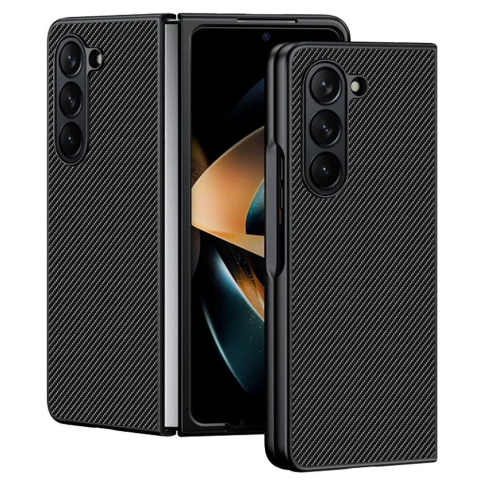 For Samsung Galaxy Z Fold5 5G Slim Fit PU Leather + PC Case Carbon Fiber Texture Phone Cover - Carbon Black - 1