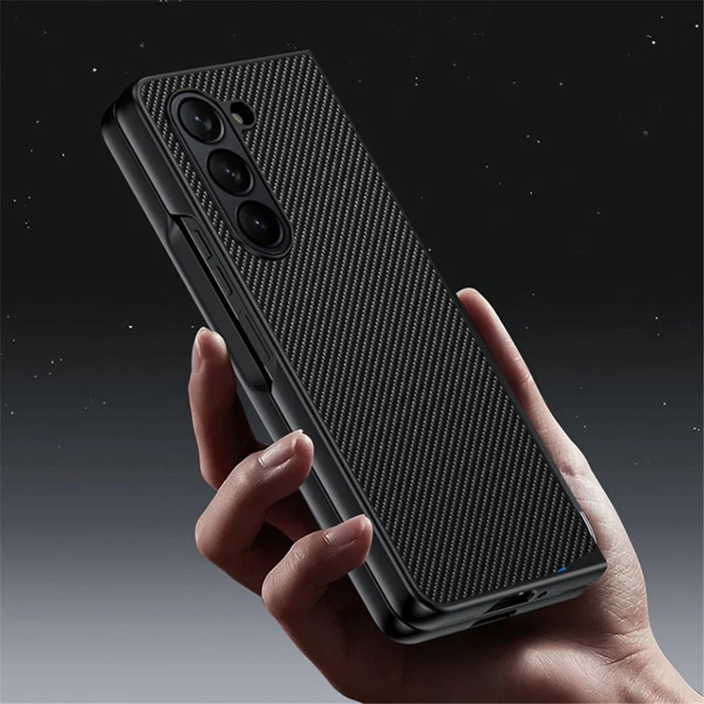 For Samsung Galaxy Z Fold5 5G Slim Fit PU Leather + PC Case Carbon Fiber Texture Phone Cover - Carbon Black - 3