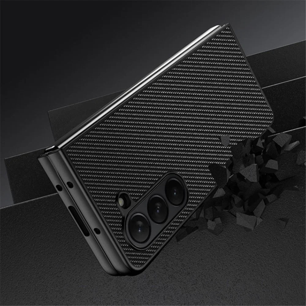 For Samsung Galaxy Z Fold5 5G Slim Fit PU Leather + PC Case Carbon Fiber Texture Phone Cover - Carbon Black - 4